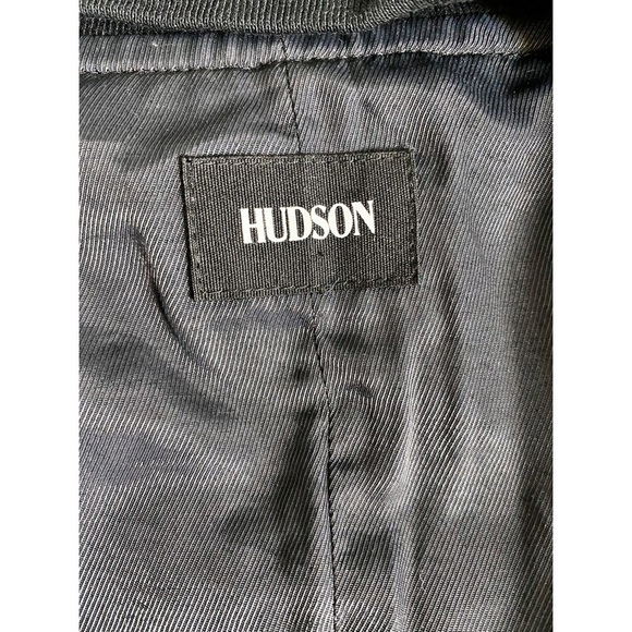 HUDSON Black Silky Quilted Varsity Bomber Jacket, Genuine Leather Trim, 34 - Picture 6 of 11